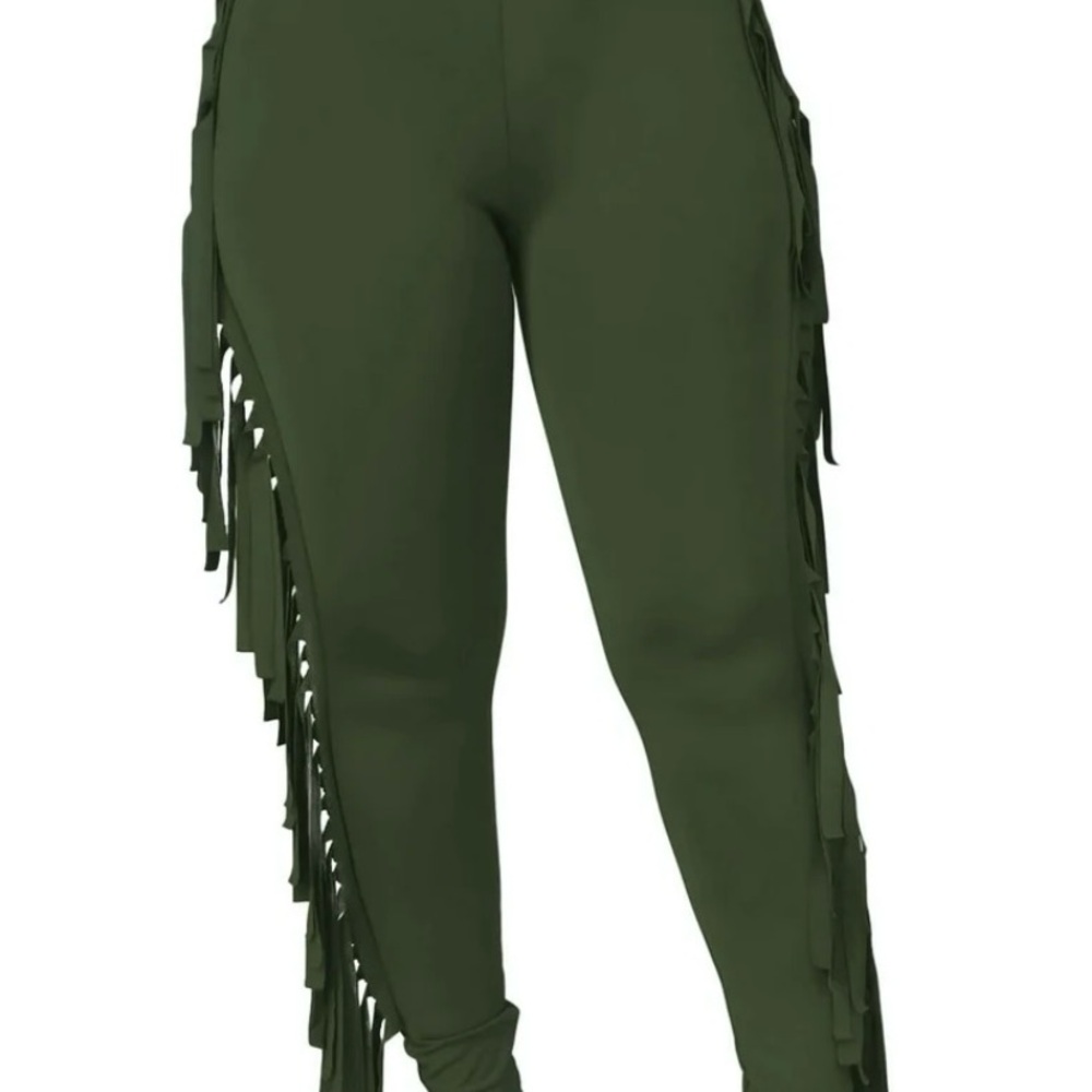 Olive Green Fringe Tassel Lined Jogger Leggings Women's Pants -New-